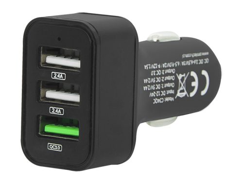 Autós szivargyújtó adapter - 3 USB Port 2 x 2.4 A USB, 1 x QC 3.0 Gyors töltő port