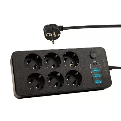   BLOW Hálózati Hosszabbító Kábel - 6 Aljzat + 3xUSB + 1xUSB-C, 2 m, fekete, 2x1mm
