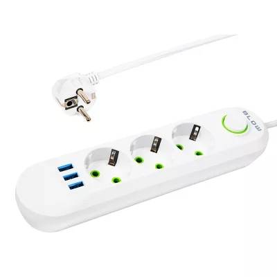   BLOW Hálózati Hosszabbító Kábel - 3 Aljzat + 3xUSB, 3 m, fehér, 2x1mm
