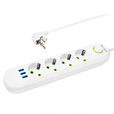   BLOW Hálózati Hosszabbító Kábel - 4 Aljzat + 3xUSB, 5 m, fehér, 2x1mm